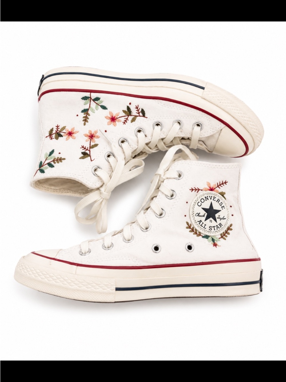 CONVERSE Chuck Taylor White High Tops Custom Embroidered 70s Floral Design Size - Picture 8 of 10
